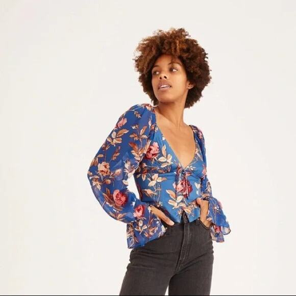 Urban Outfitters Topanga Blue Button-Front Blouse - Picture 1 of 7